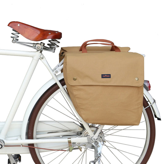 Sacoche double vélo vintage en toile étanche beige